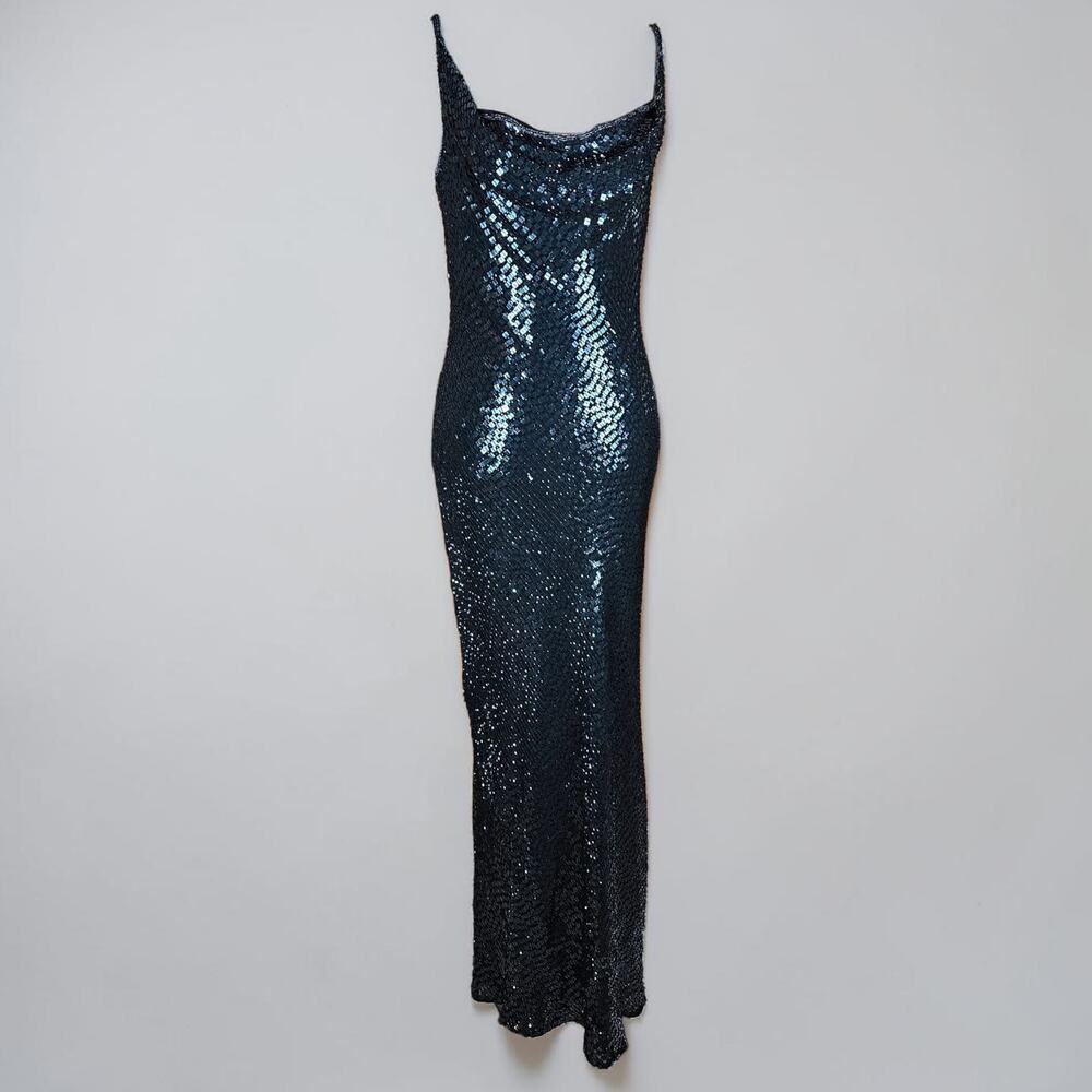 Vintage Silk Sequin Gown Maxi Dress Cowl Neck Stenay - Small